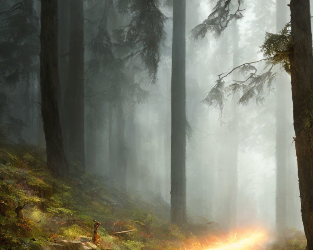 Misty forest with tall trees, sunlight, and orange fissure