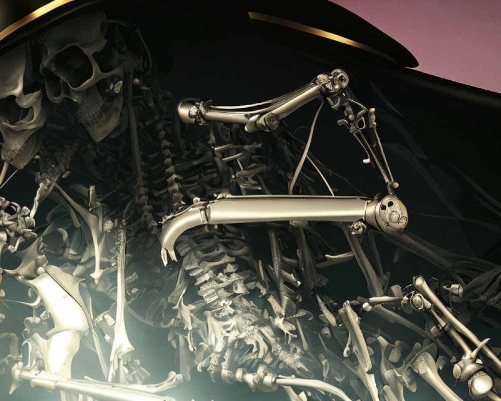 Skeleton merged with mechanical parts on abstract backdrop