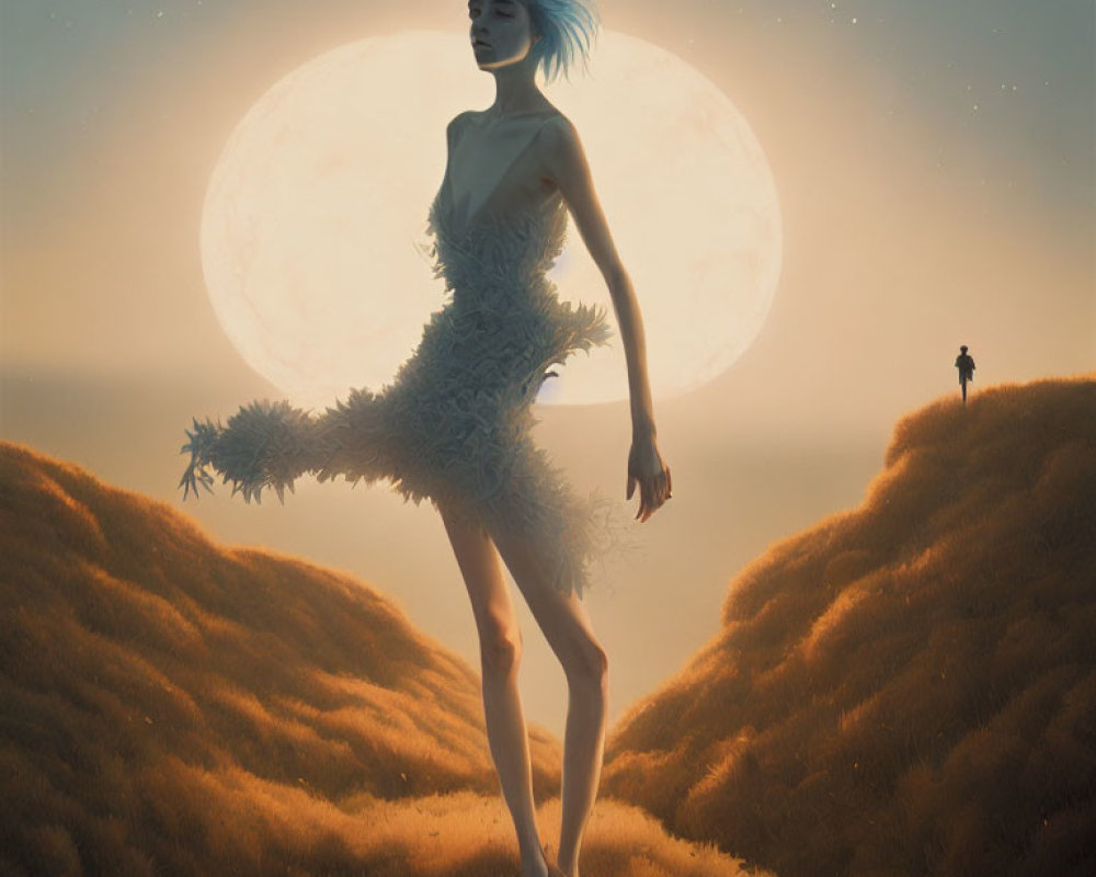 Giant ethereal woman in feathered dress under large moon in surreal landscape