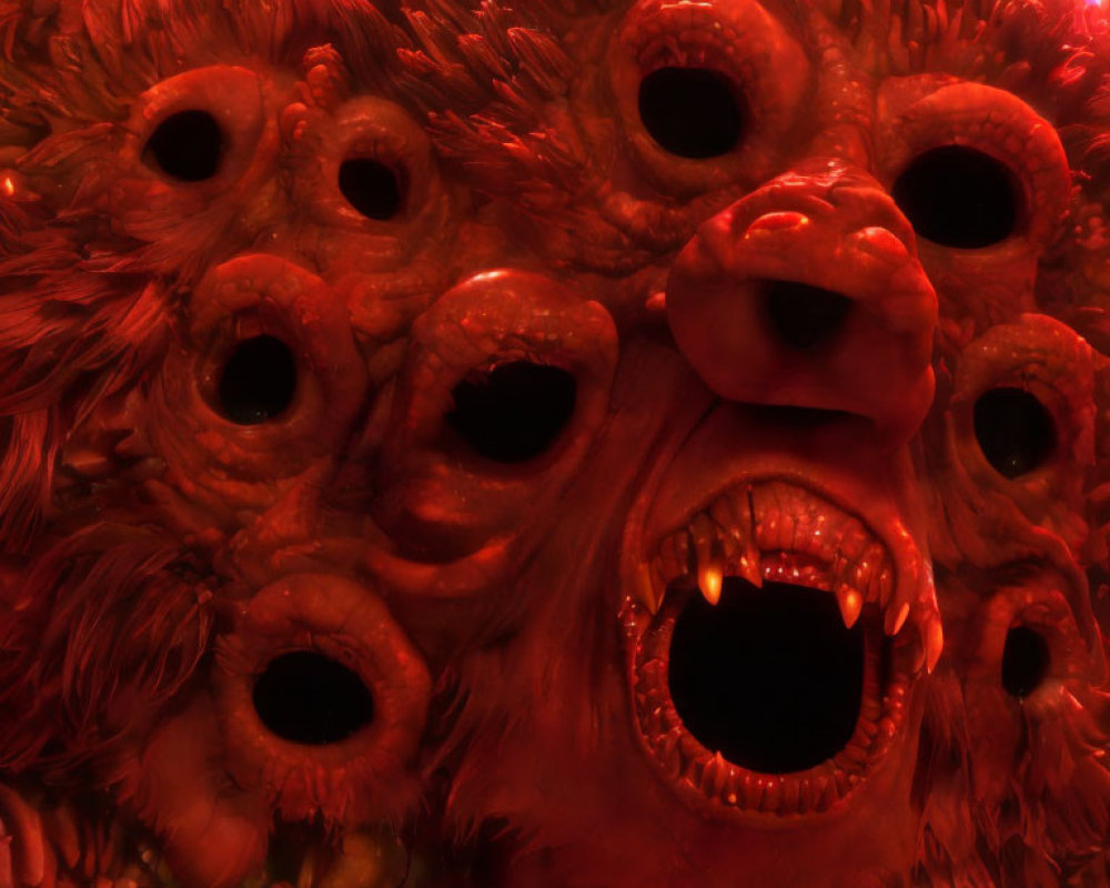 Monstrous entity with multiple mouths, teeth, and eyes on fiery red background