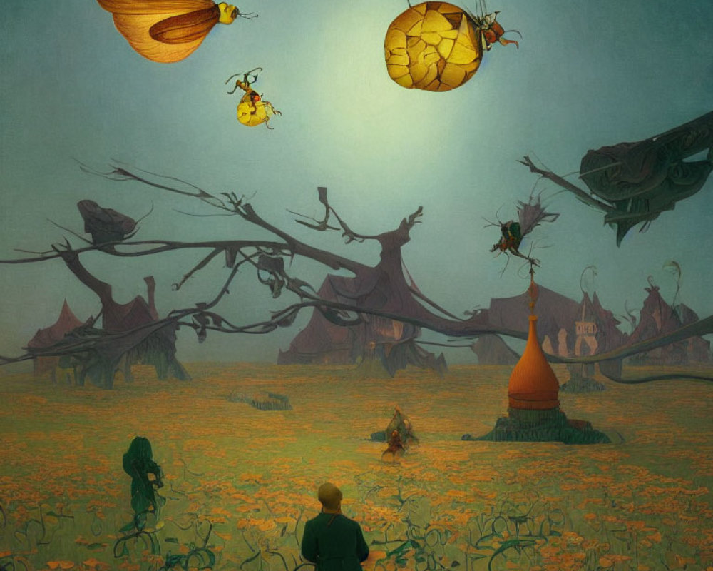 Surreal landscape with giant bees, person, and fantastical elements