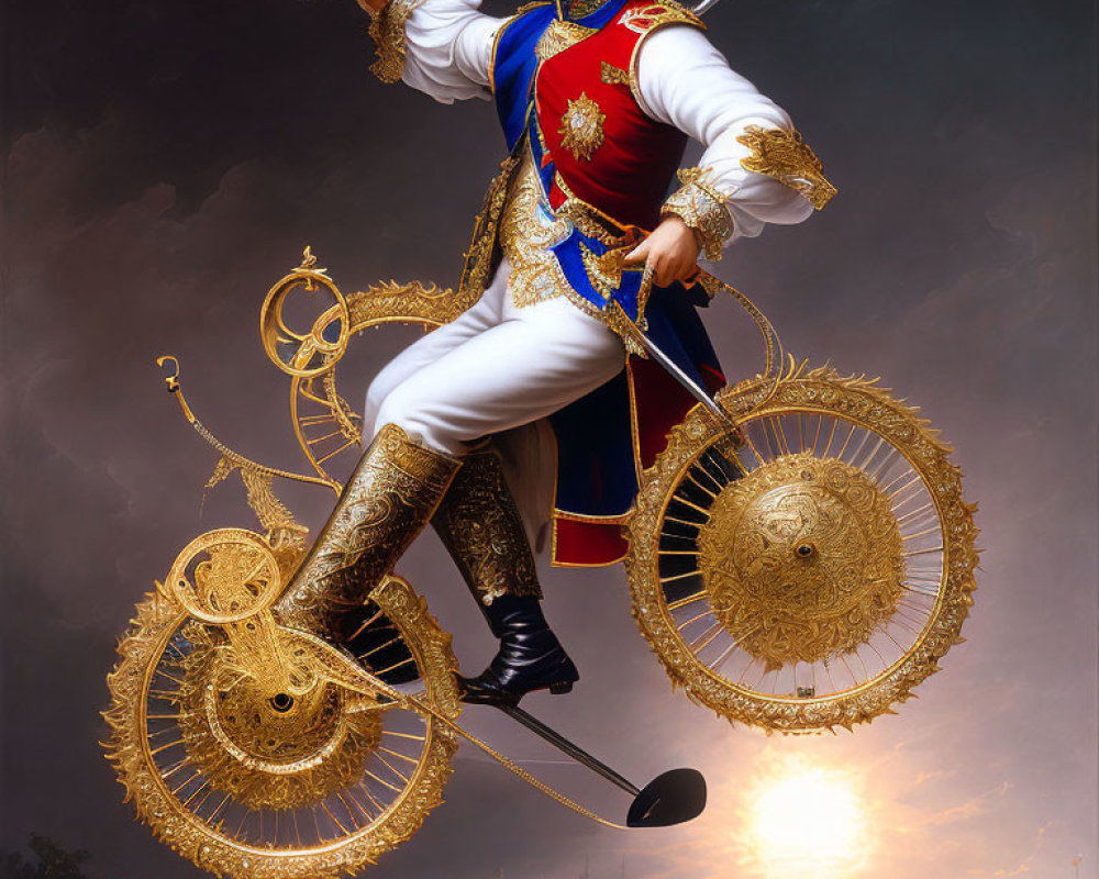 Ornately dressed person on golden monowheel with sword and fan, horses and sunset in background