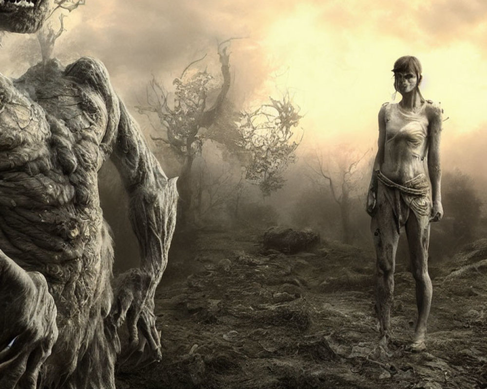 Fantasy muddy landscape with human and menacing creature