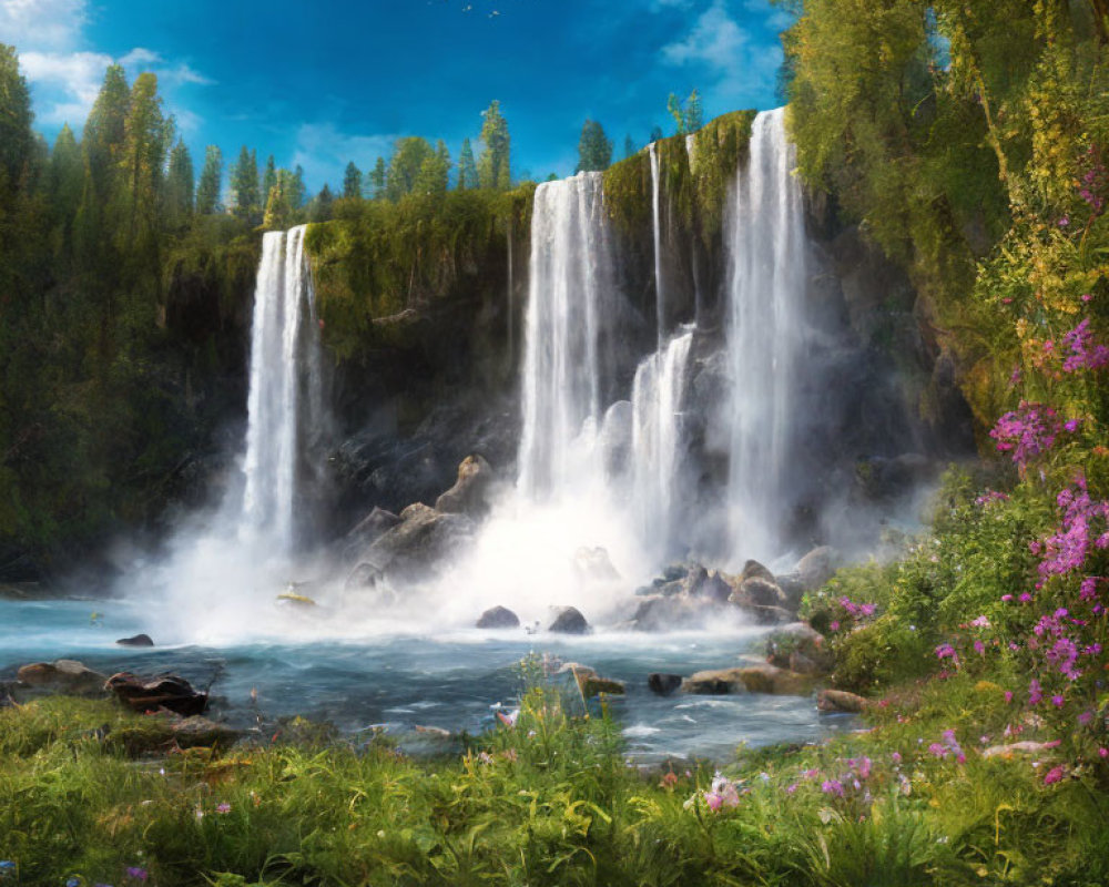 Tranquil landscape with majestic waterfall, lush greenery, and vibrant flowers