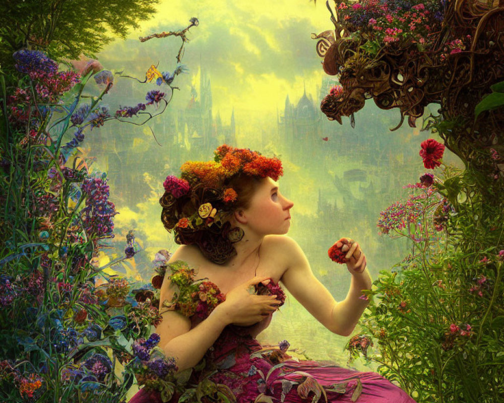 Woman in floral wreath admires fantasy castle in enchanted garden