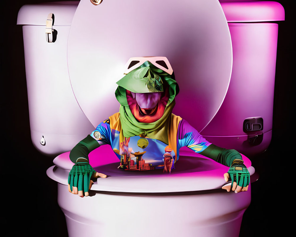 Colorful Attire Hoodie Resembling Chameleon Emerges from Toilet