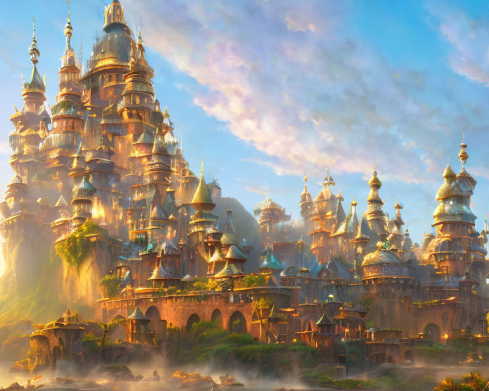 Fantasy castle with spires in golden sunrise landscape