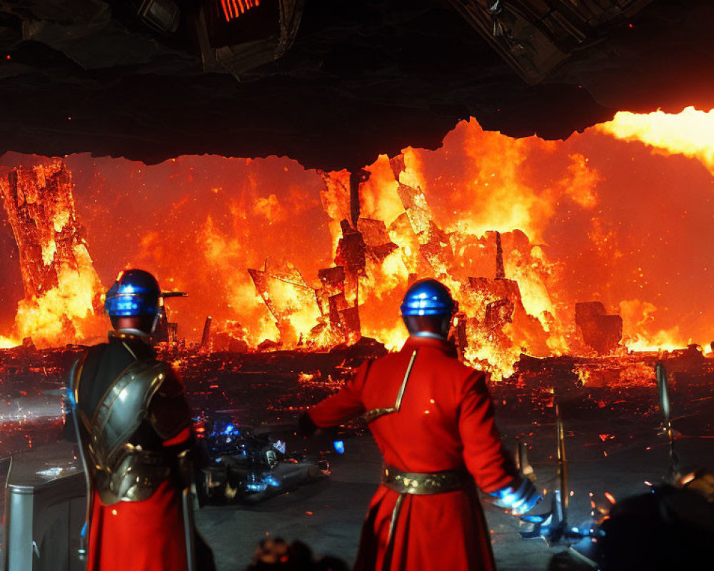 Futuristic red armor figures witness fiery explosion in debris-filled setting