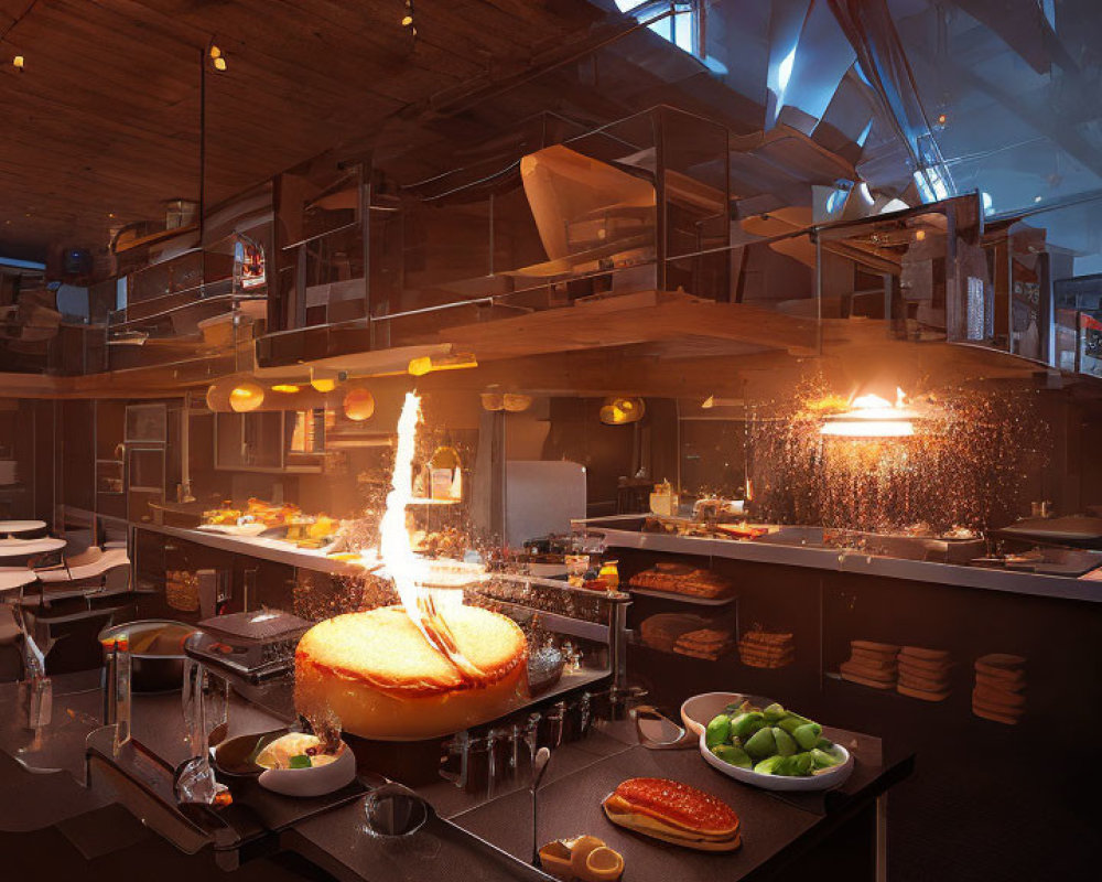 Modern kitchen with giant flaming burger and ingredients under warm lighting