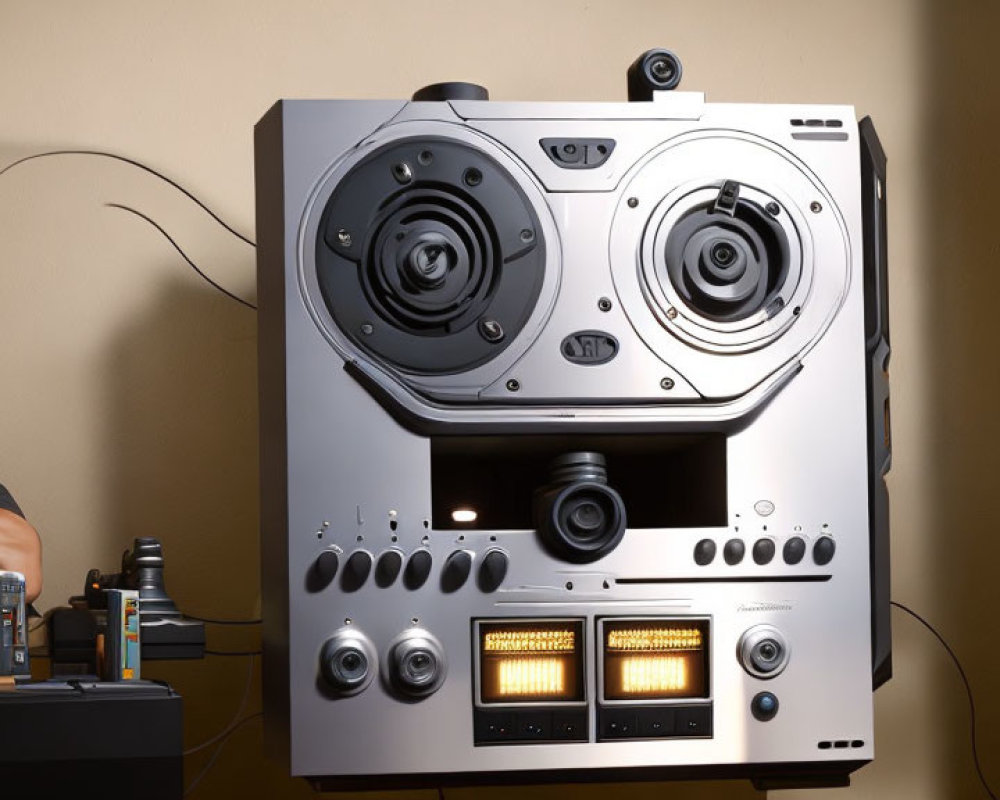 Person smiling next to stylized reel-to-reel tape recorder with face-like design