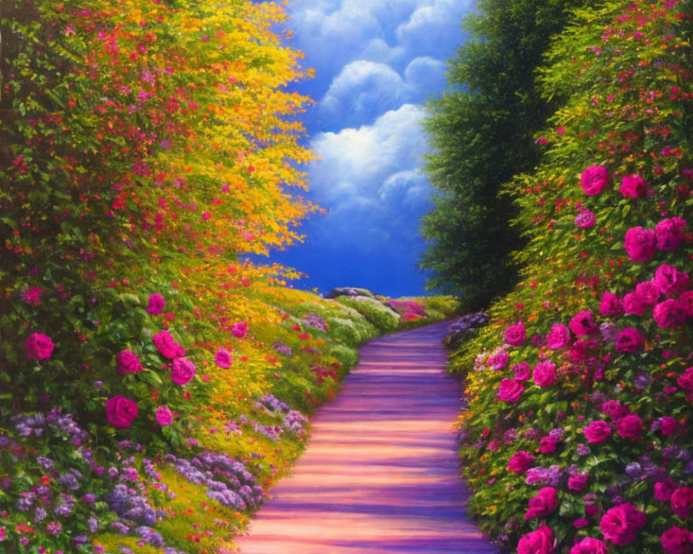 Lush Pink and Red Rose Garden Path Under Blue Sky