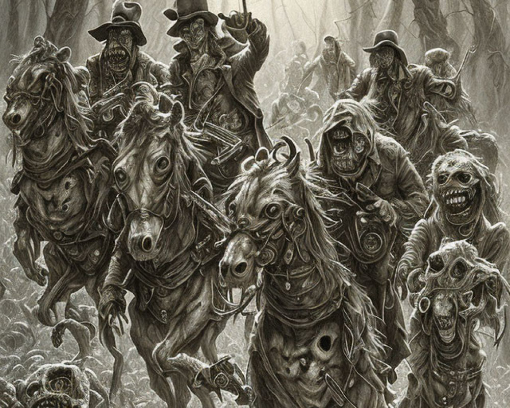 Monochrome fantasy art of undead riders and ghouls in a spooky forest