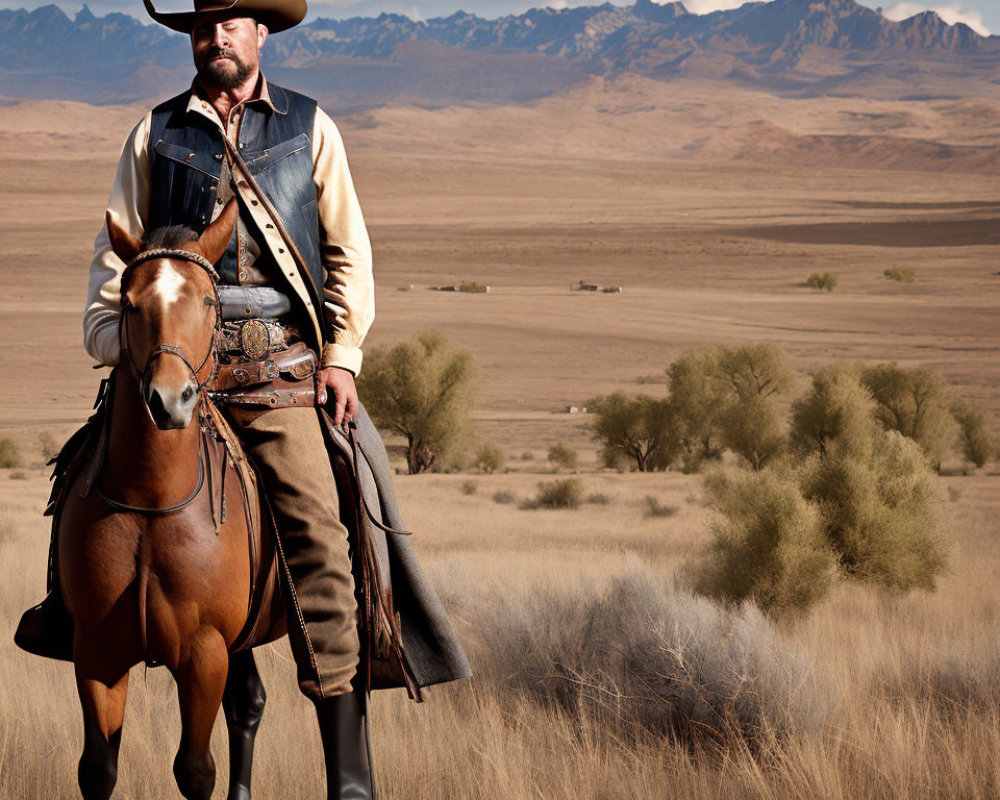 Traditional Cowboy on Horseback in Wide-Open Plain