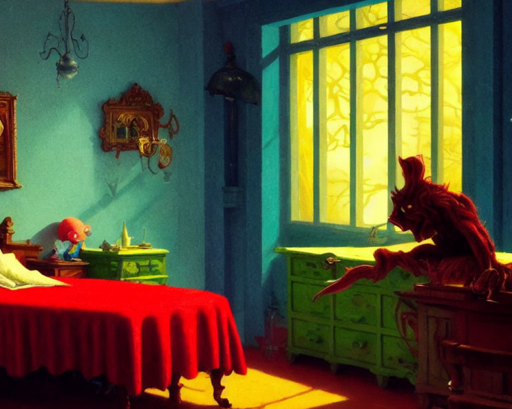 Red three-eyed creature playing with toy car at green table in warmly lit blue room, dark figure by