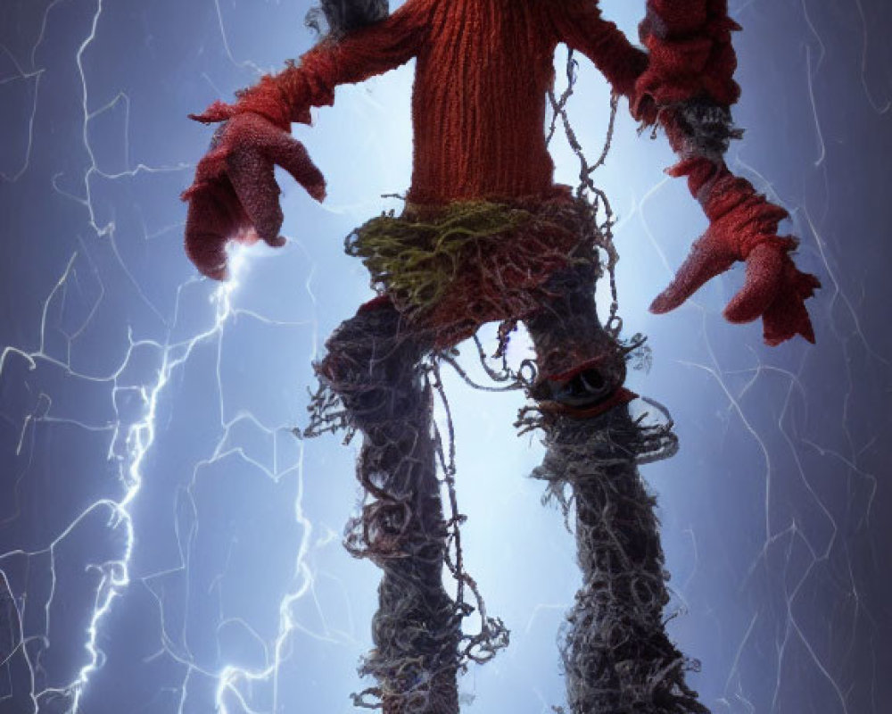 Red Frazzled Muppet Character with Green Eyes in Lightning Backdrop
