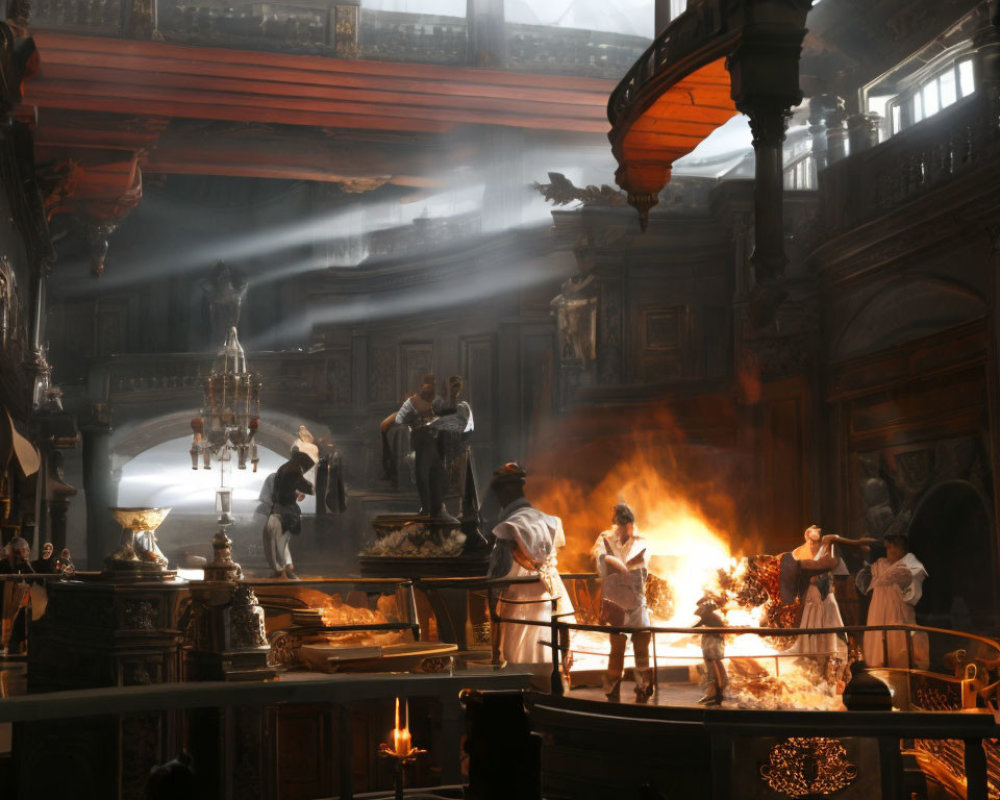 Historical film set with actors, fire, and light rays in ornate decor