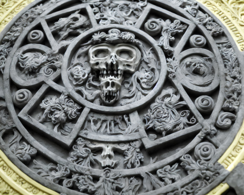 Detailed Bas-Relief Carving of Skulls and Floral Patterns