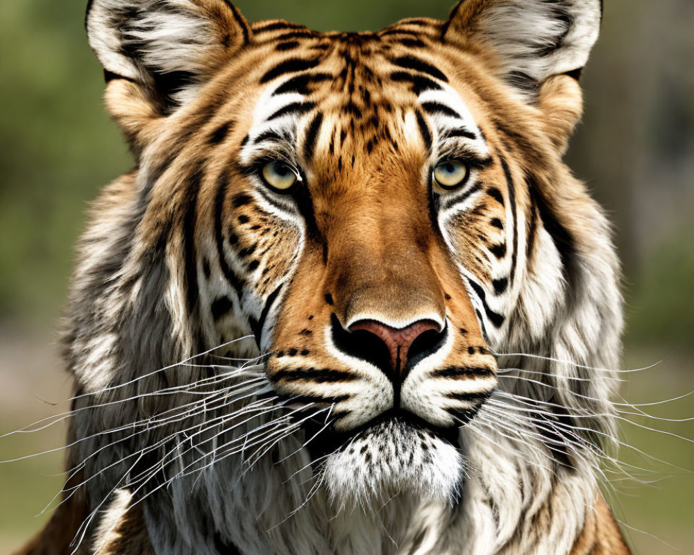 Tiger's face close-up with striped fur and piercing eyes