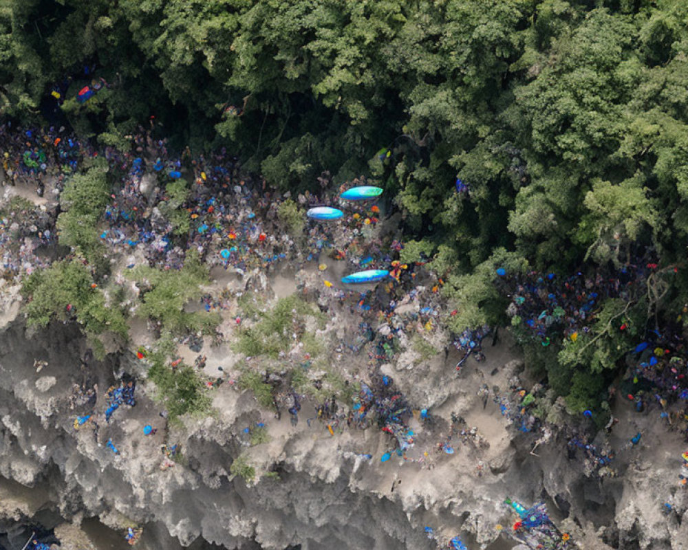 Crowded River Bank with Dense Foliage and Colorful Kayaks