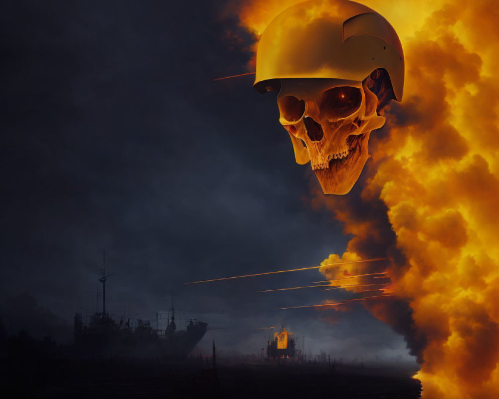 Skull in helmet amidst fiery explosions and warships with tracer fire in background