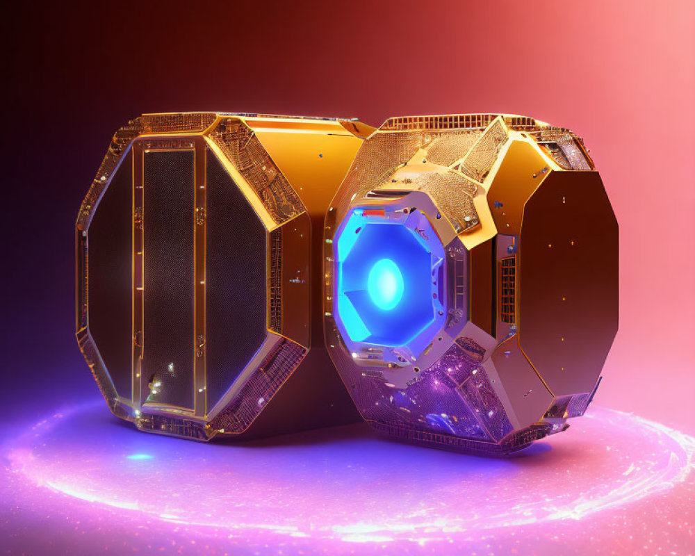 Futuristic hexagonal device with glowing blue core and gold panels