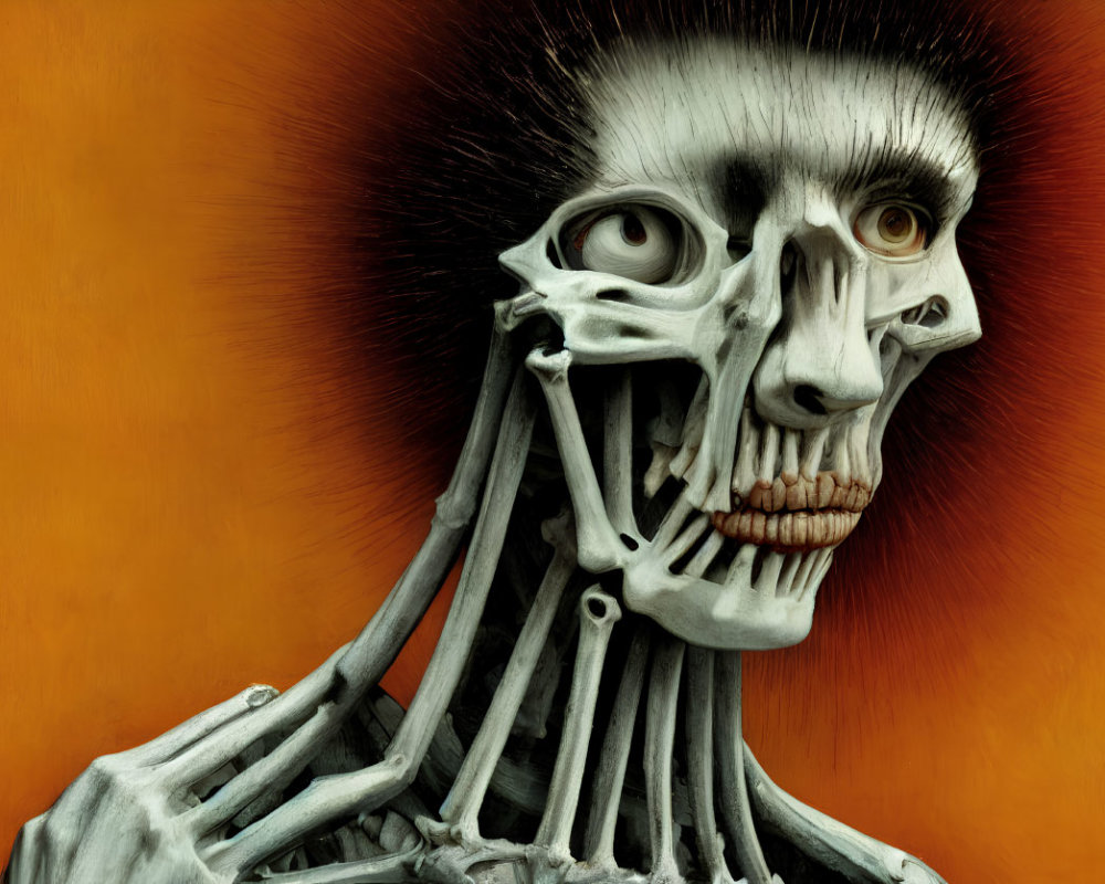 Surreal humanoid figure with skeleton-like face and exposed spine on orange background