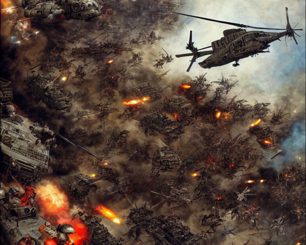 Futuristic battle scene with helicopters and ground vehicles in heavy combat