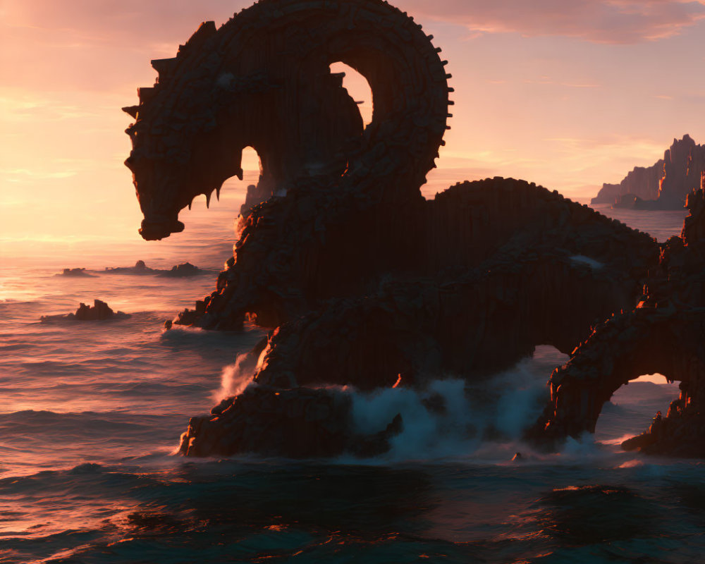 Giant Stone Dragon Emerges from Serene Sea at Sunset