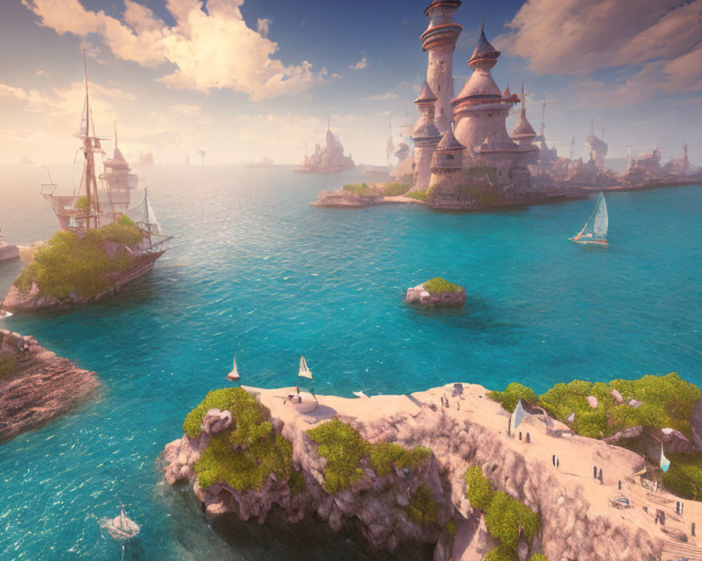 Fantasy coastal landscape with magical towers and sailing ships