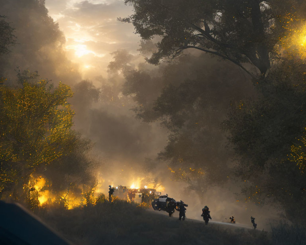 Firefighters fighting forest fire at dusk with smoke and setting sun.