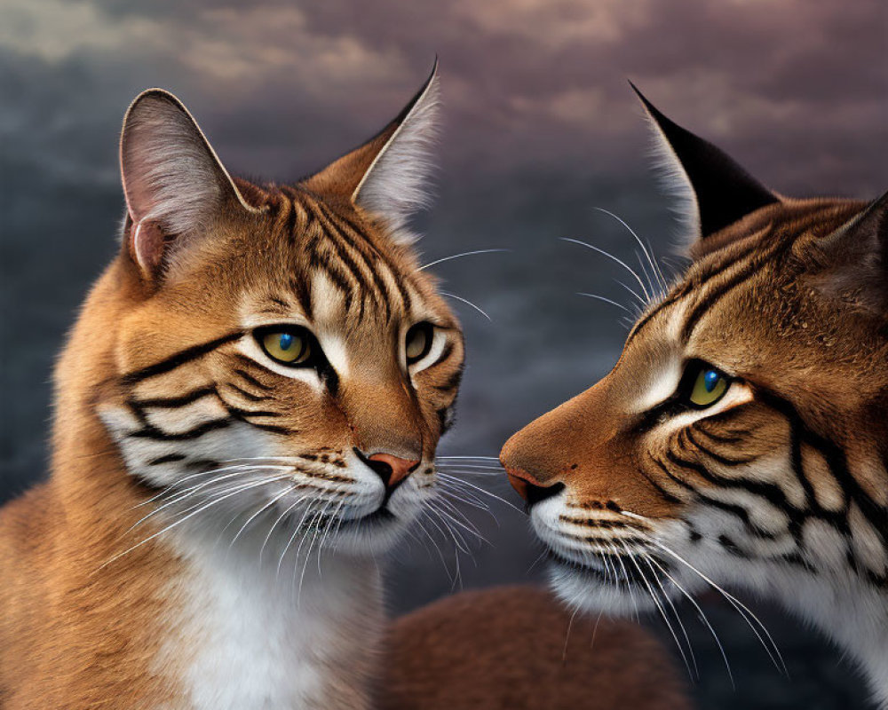 Realistic digital art: Two cats with blue and green eyes under moody sky