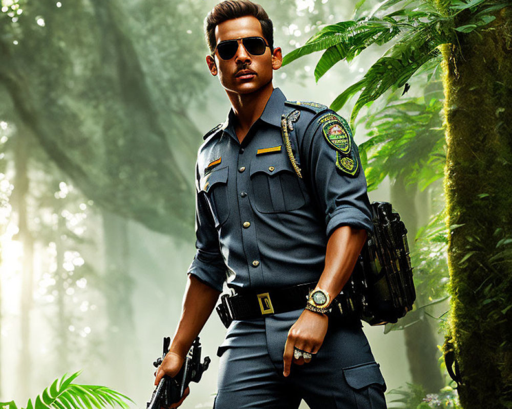 Police officer in uniform with sunglasses and gun in misty forest