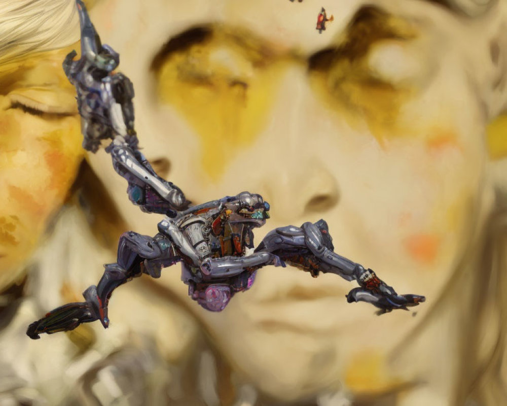 Detailed Purple Accented Robotic Figure Model Against Painted Face