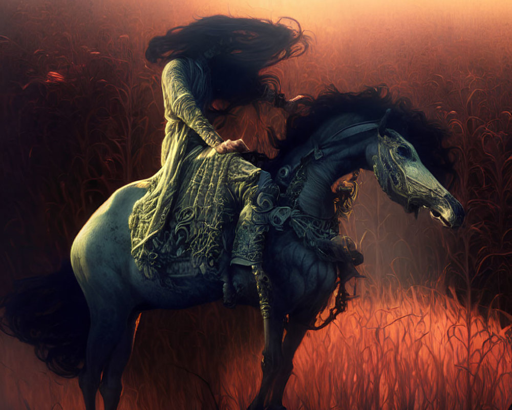 Mysterious woman in flowing dress on dark horse in misty field