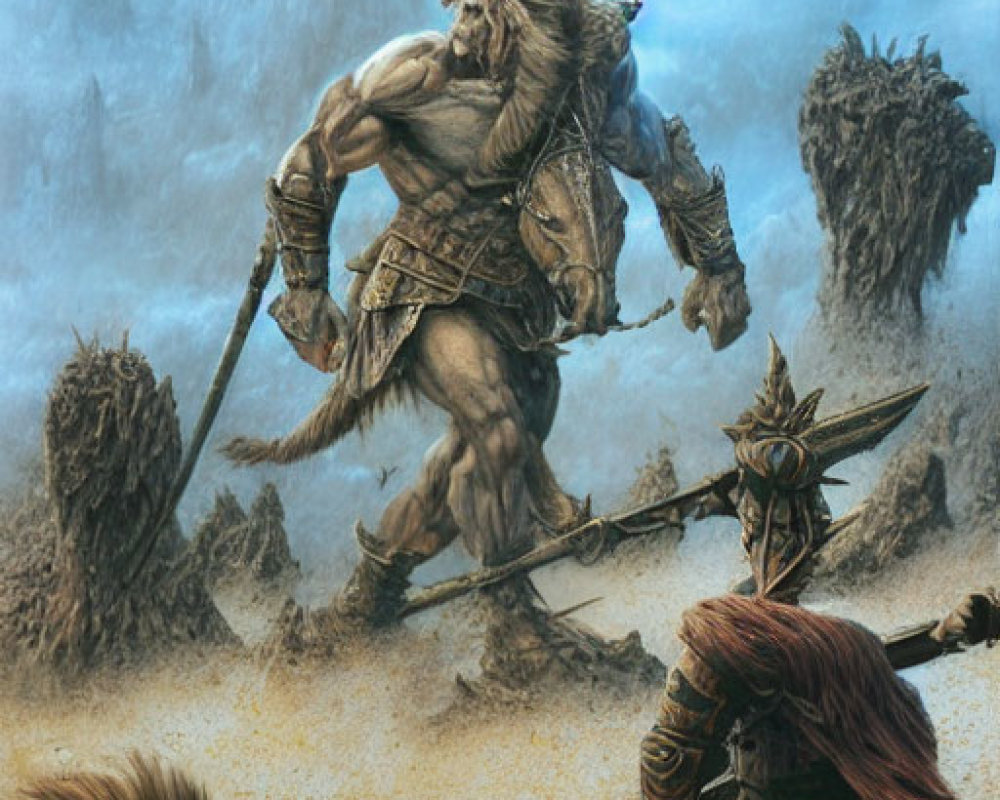Warrior on Horseback Battling Beasts in Desolate Fantasy Scene