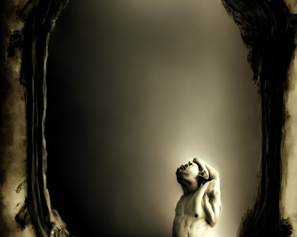Sorrowful figure sculpture with swirling portal border on ominous backdrop