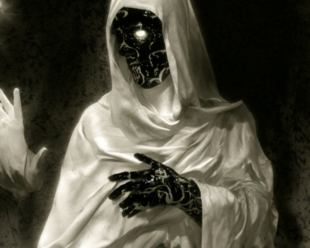 White Cloaked Figure with Black Patterned Mask and Gloves in Mysterious Pose