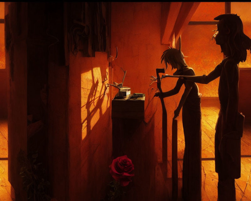 Warmly lit room with animated characters by window and desk, red rose in foreground