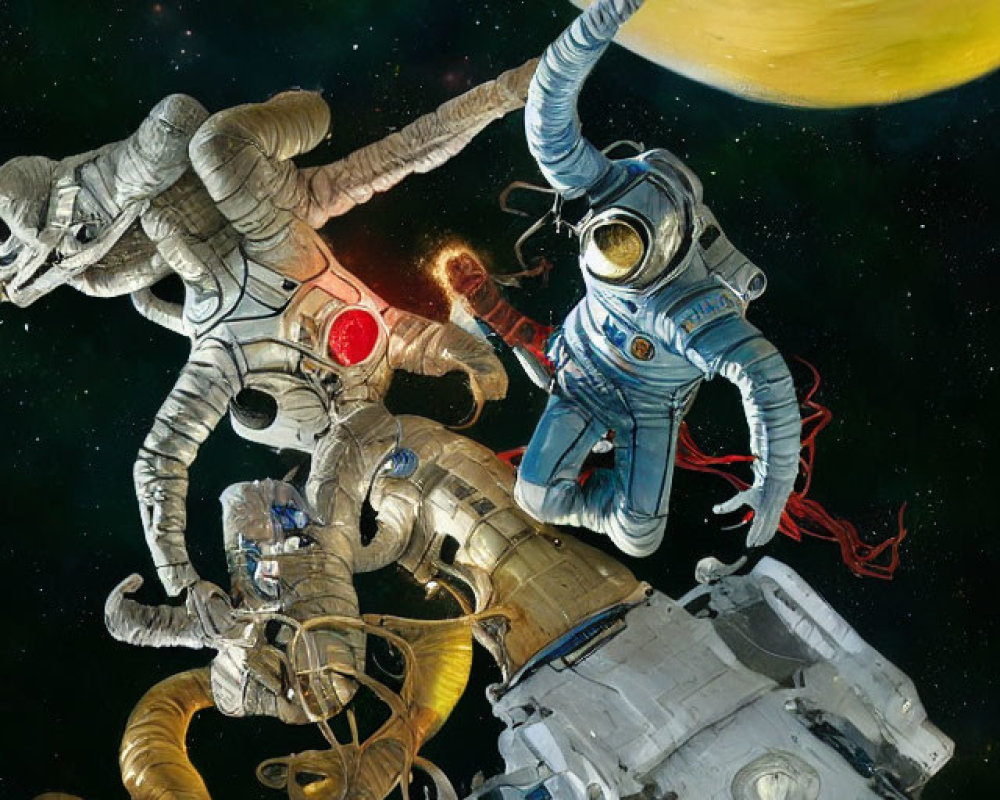 Astronauts in space with spacecraft and planet backdrop