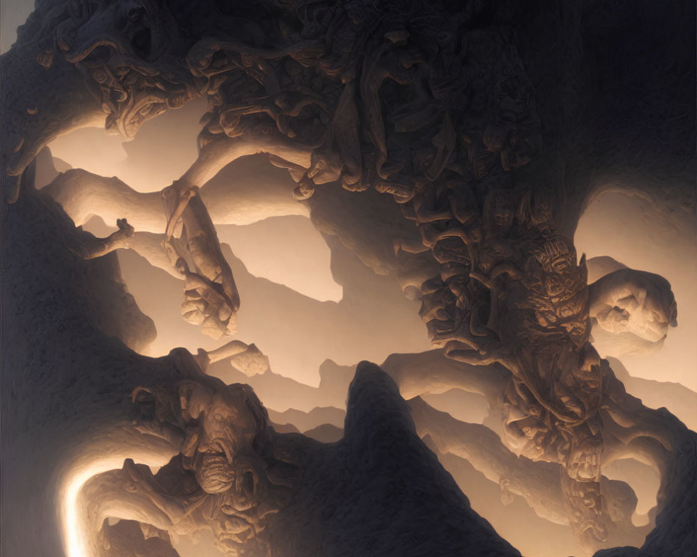 Ethereal light illuminates surreal cave with organic shapes