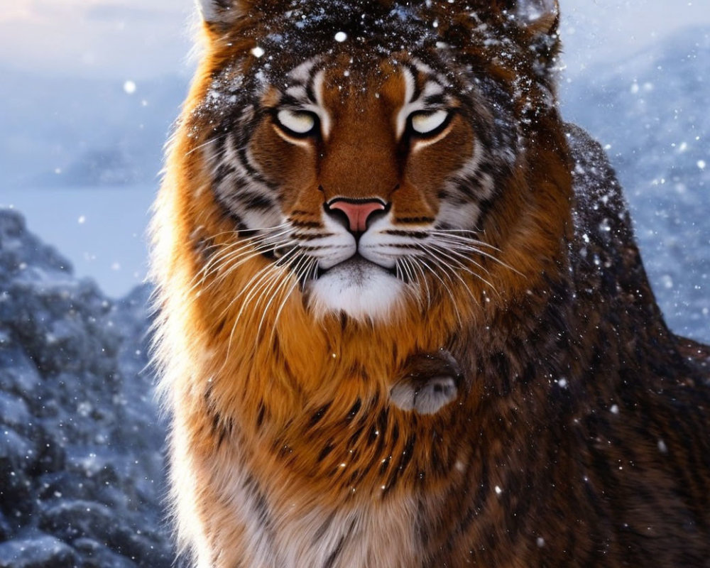 Regal tiger in snowy landscape with intense gaze
