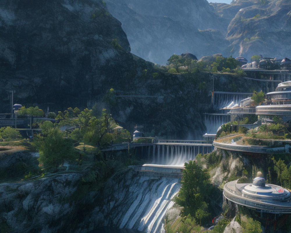 Futuristic buildings in rocky mountain landscape with waterfalls