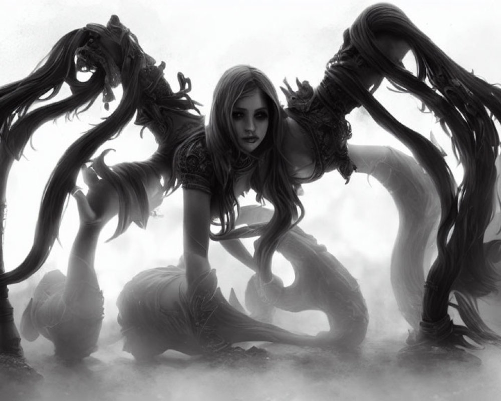 Monochrome fantasy art of a woman with tentacle-like hair in misty setting