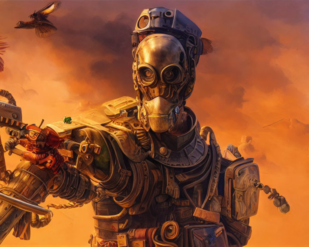 Detailed robot illustration with humanoid face in dramatic orange sky