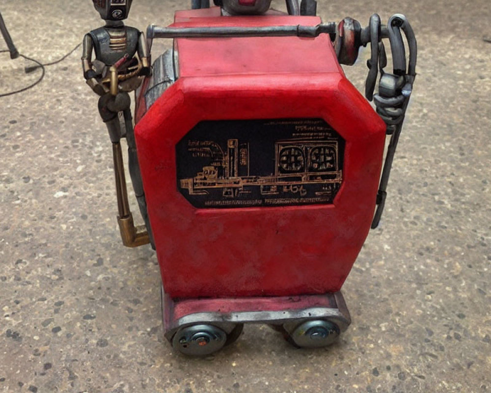 Red wheeled robot with faded decal and black arms for industrial use
