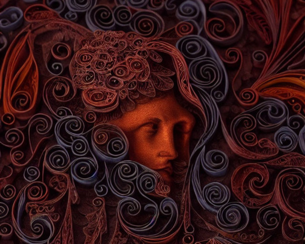Surreal portrait with face in swirling red and brown tones
