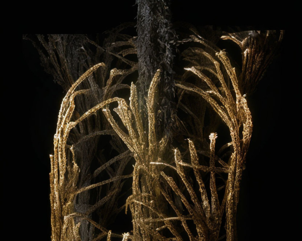Golden illuminated branches against dark background: mystical tree sculpture.