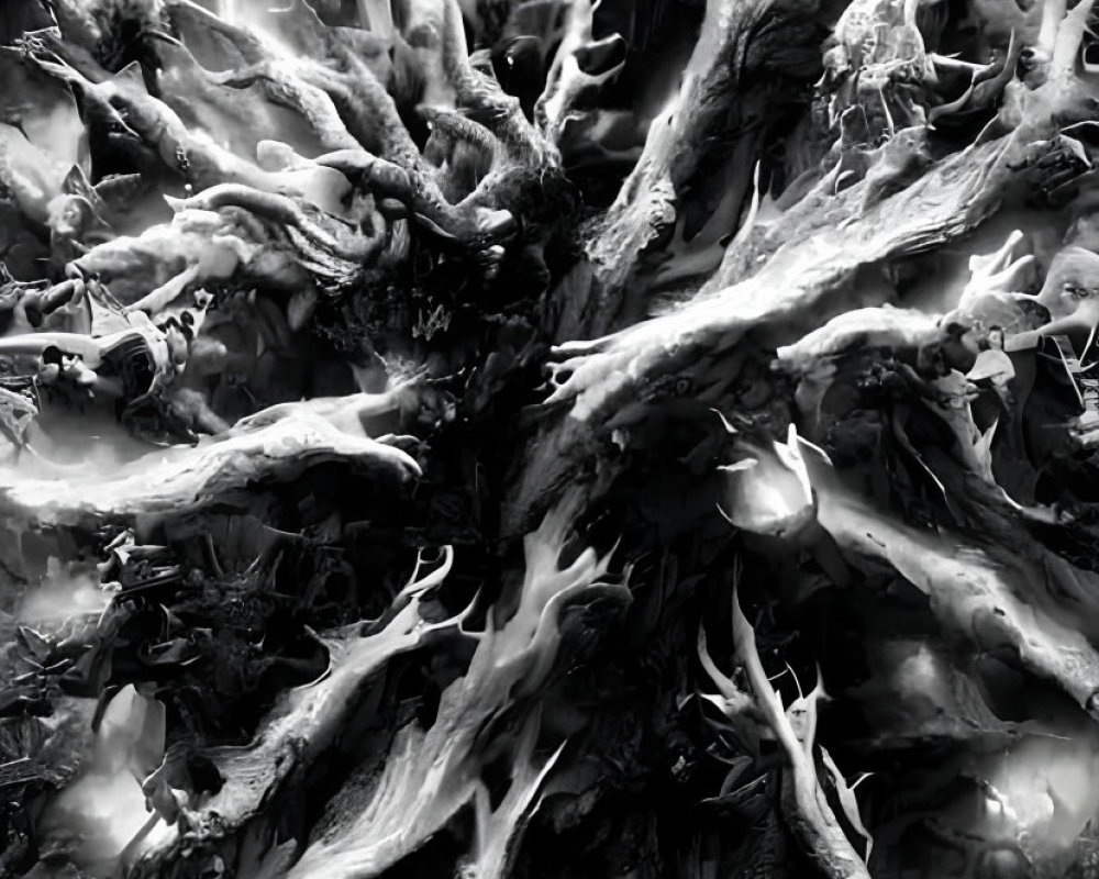 Person camouflaged in intricate tree roots in monochromatic forest.