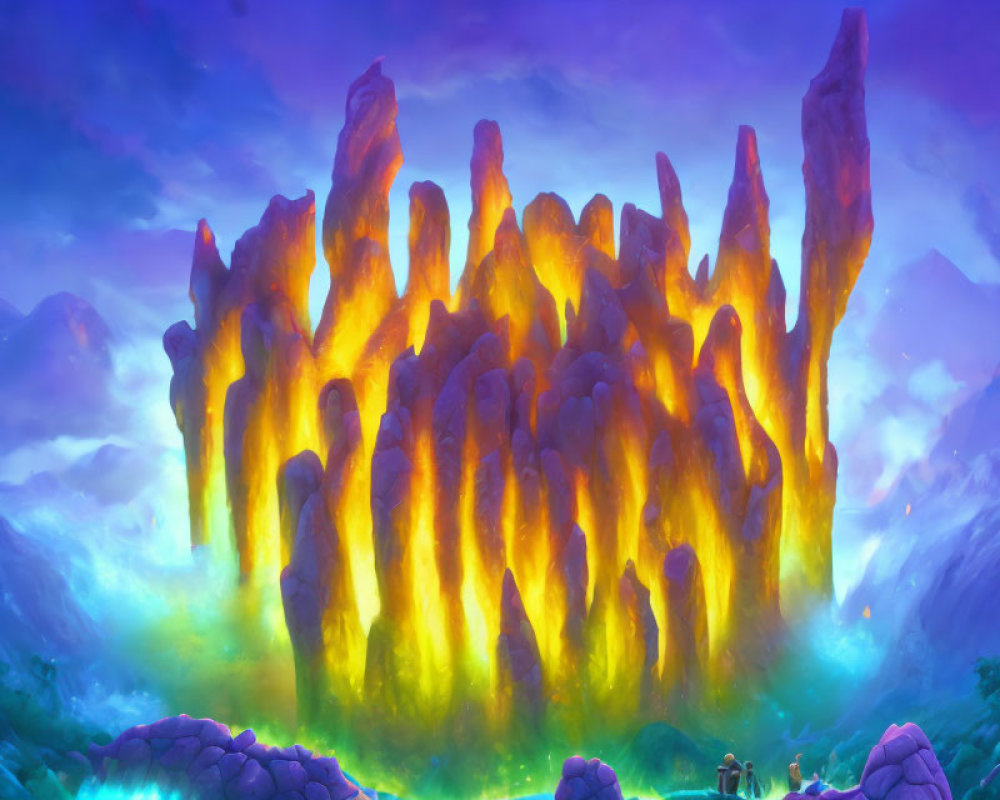 Vibrant digital artwork: Fiery structure in mystical purple landscape