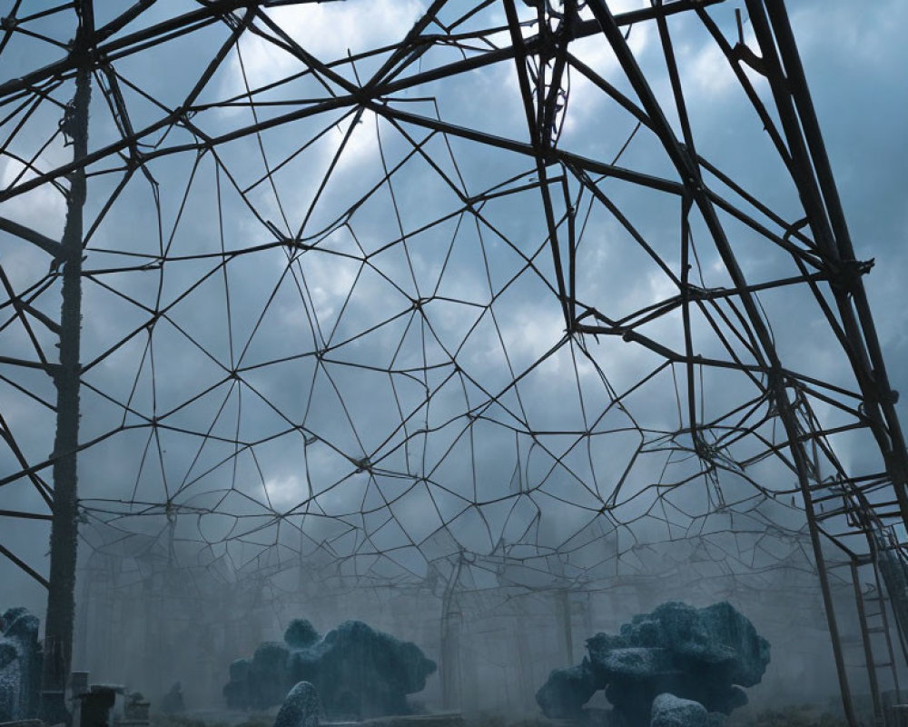 Geometric dome framework under misty sky with silhouetted trees